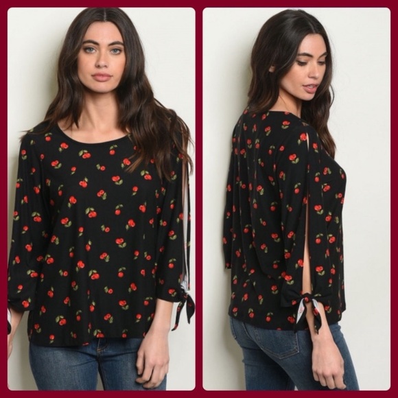 GILLI Cherry Print on Black Open Tie Slit Sleeve Boatneck Top - MED - Picture 2 of 13